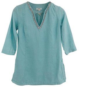 Malvin Linen Blue Cotton Embellished Tunic Top